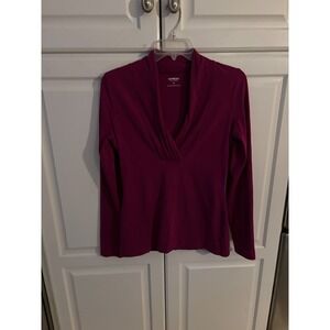 Express Sexy Stretch Magenta Pink Deep V-Neck Pleated Long Sleeve Top Small
